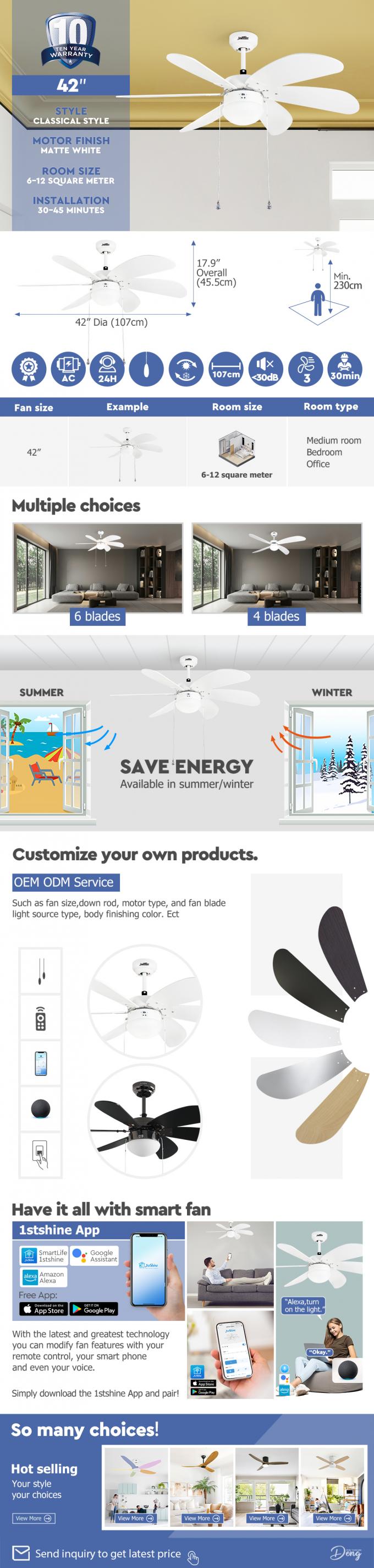 Pull Chain Style 42 Inch AC Motor LED Ceiling Fan With 6 MDF Blades